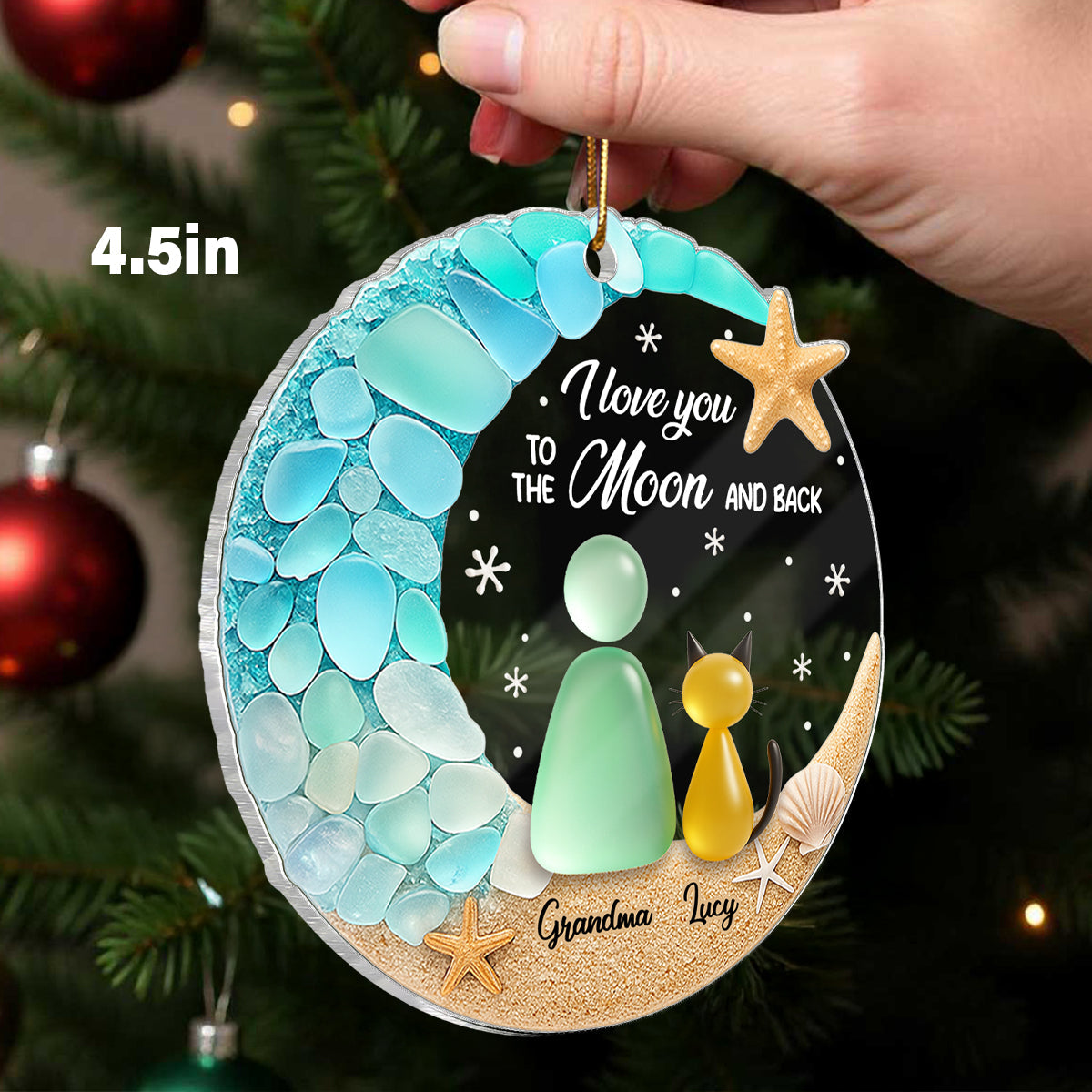 Cat And Owner On The Moon Sea Glass - Personalized Acrylic Ornament - Christmas Gift For Cat Lovers