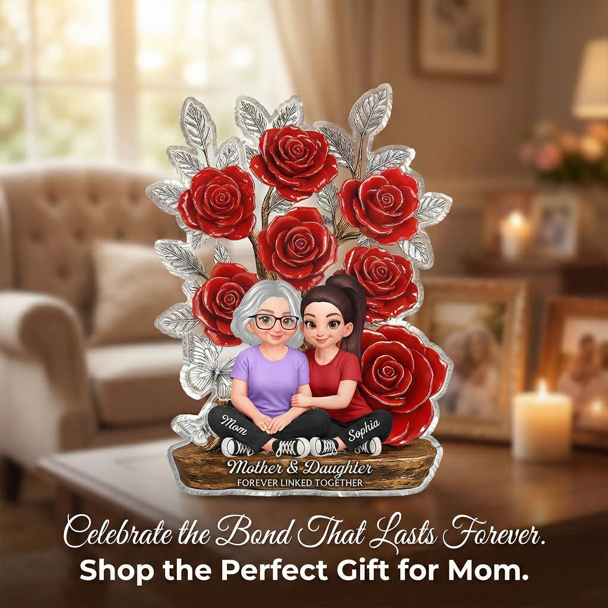Mom And Daughter Forever Love Rose Tree - Personalized Acrylic Block Plaque - Gift For Mom