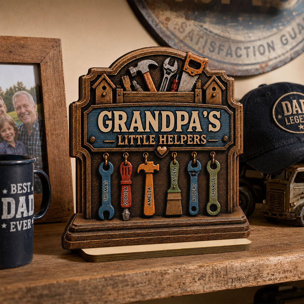 Grandpa's Little Helpers - Personalized 2-Layered Wooden Plaque -  Gift For Dad, Husband, Grandpa