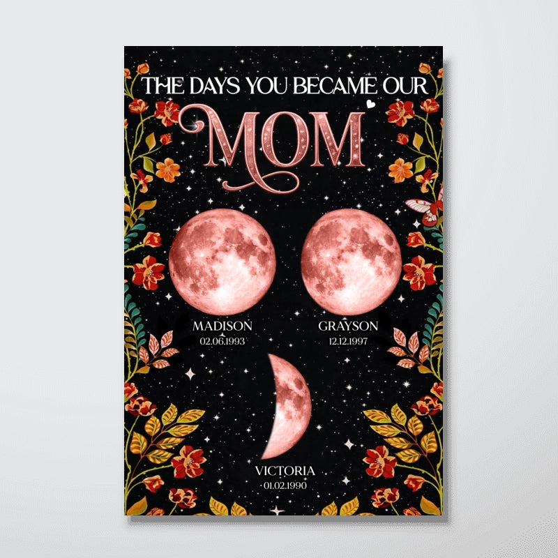 Floral Theme The Day You Became Mom Grandma Custom Birth Moon Phase - Personalized Poster - Mother's Day Gift For Mom, Grandma