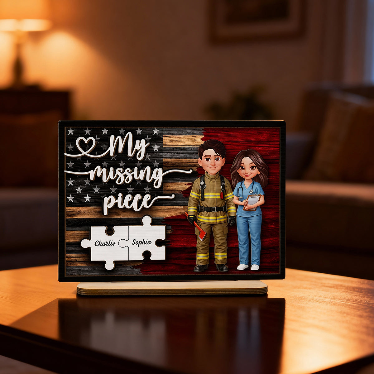 My Missing Piece Couple Occupation Nation Flag - Personalized 2-Layered Wooden Plaque - Heartfelt Gift for Him, for Her