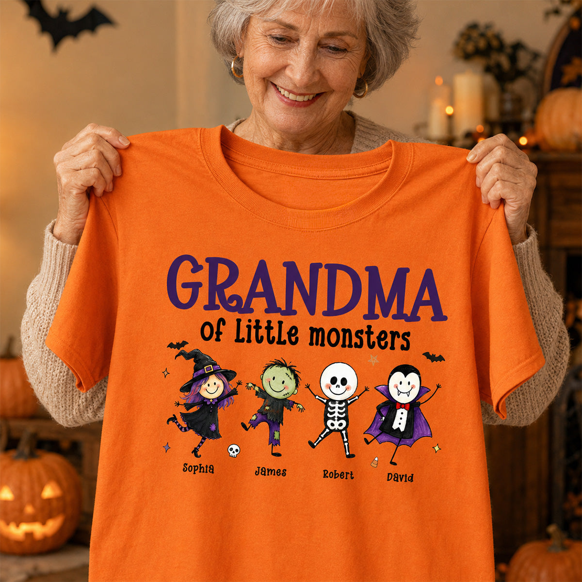 Grandma Mom Of Little Monsters Cute Doodle Characters - Personalized Shirt - Halloween Costume For Mom Grandma