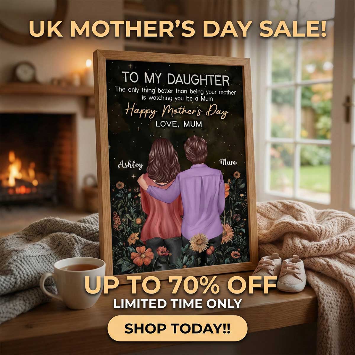 To My Daughter From Mum Happy Mother's Day Golden Vintage Floral - Personalised Poster - Mother's Day