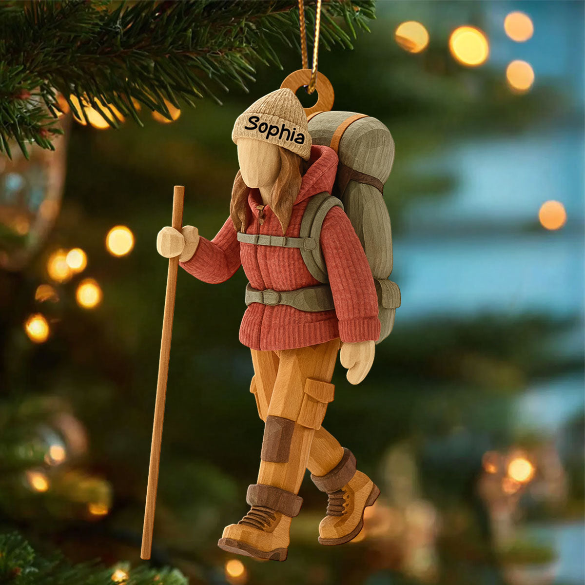 Hiking Girl Christmas - Personalized Wooden Ornament - Gift for Her