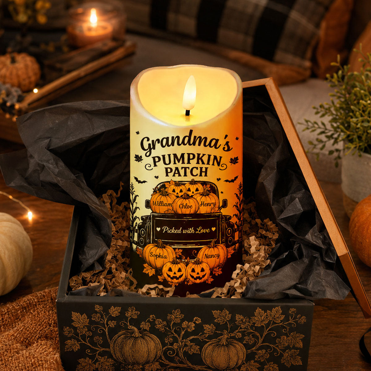Grandma's Pumpkin Patch Jack-o'-lantern Pumpkins Truck - Personalized LED Candle - Perfect Halloween Decor For Grandma