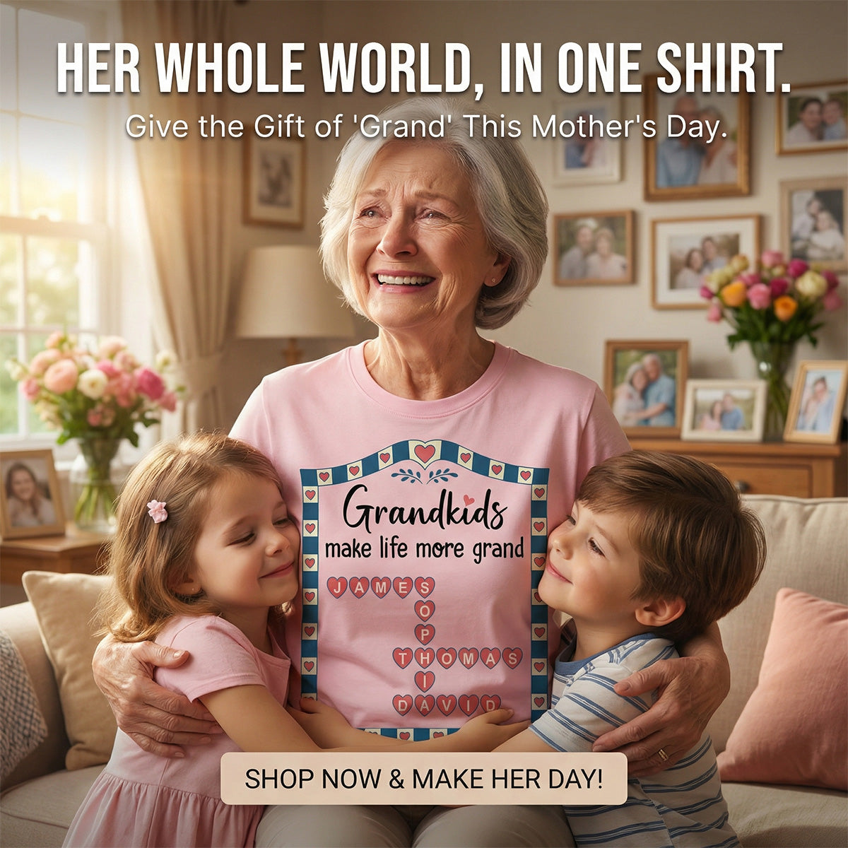 Old School Vintage Grandkids Names Crossword Puzzle Art - Personalized Shirt - Gift For Grandma