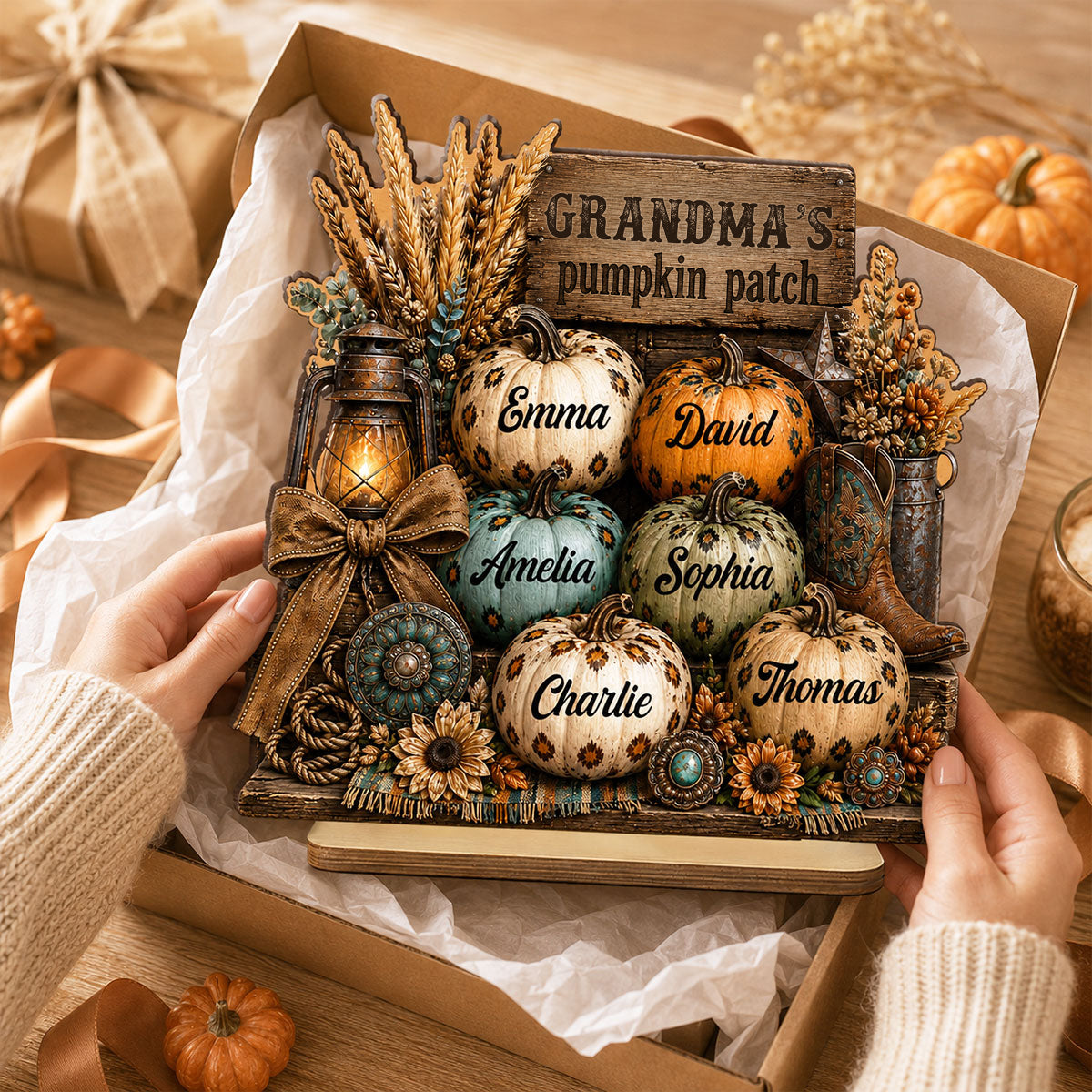 Western Leopard Grandma's Pumpkin Patch - Personalized 2-Layered Wooden Plaque - Fall Halloween Decor for Grandma