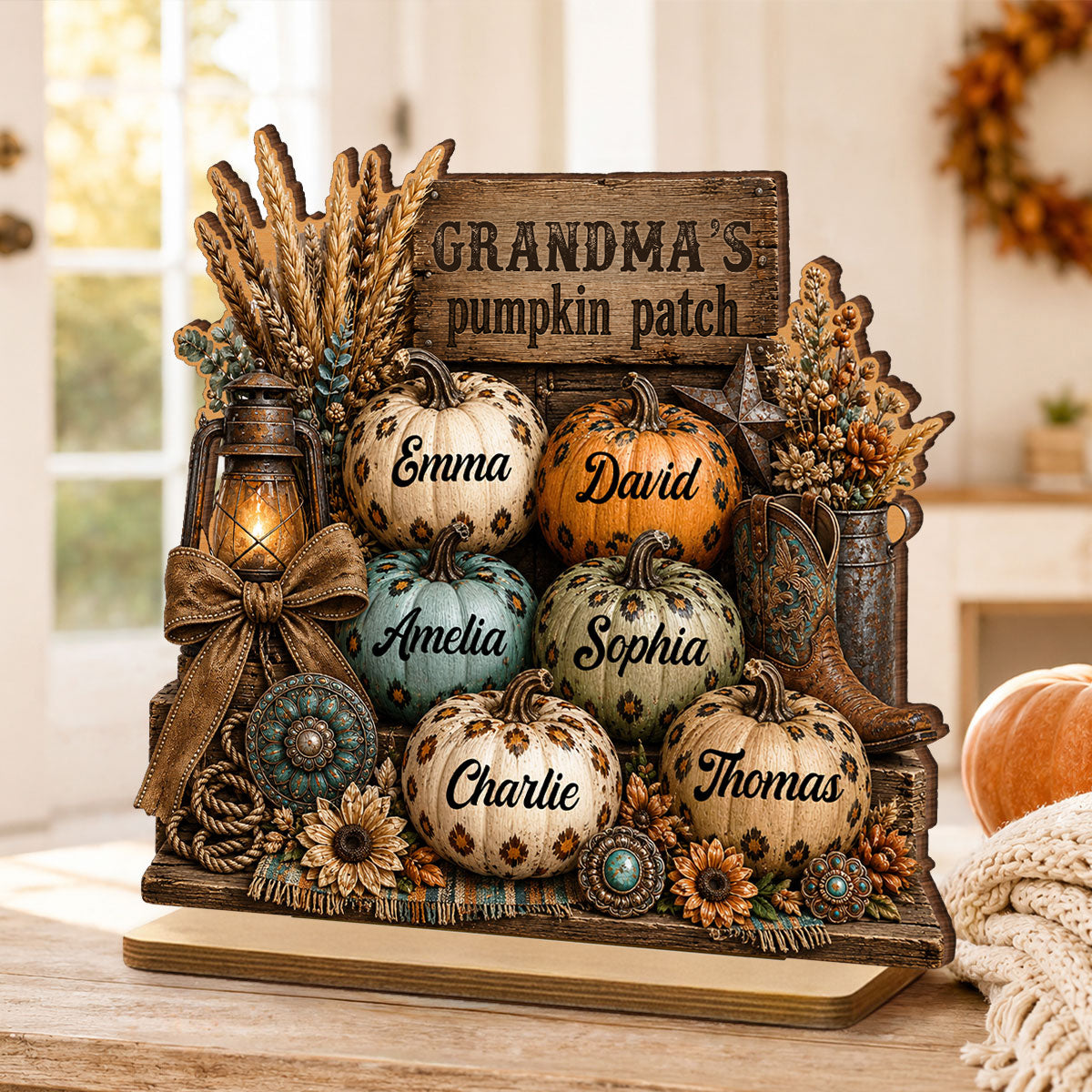 Western Leopard Grandma's Pumpkin Patch - Personalized 2-Layered Wooden Plaque - Fall Halloween Decor for Grandma
