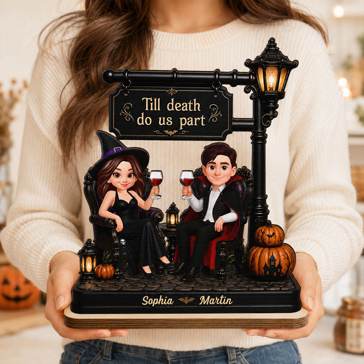 Classic Halloween Couple Under Lamp Post - Personalized 2-Layered Wooden Plaque - Halloween Decoration For Couple