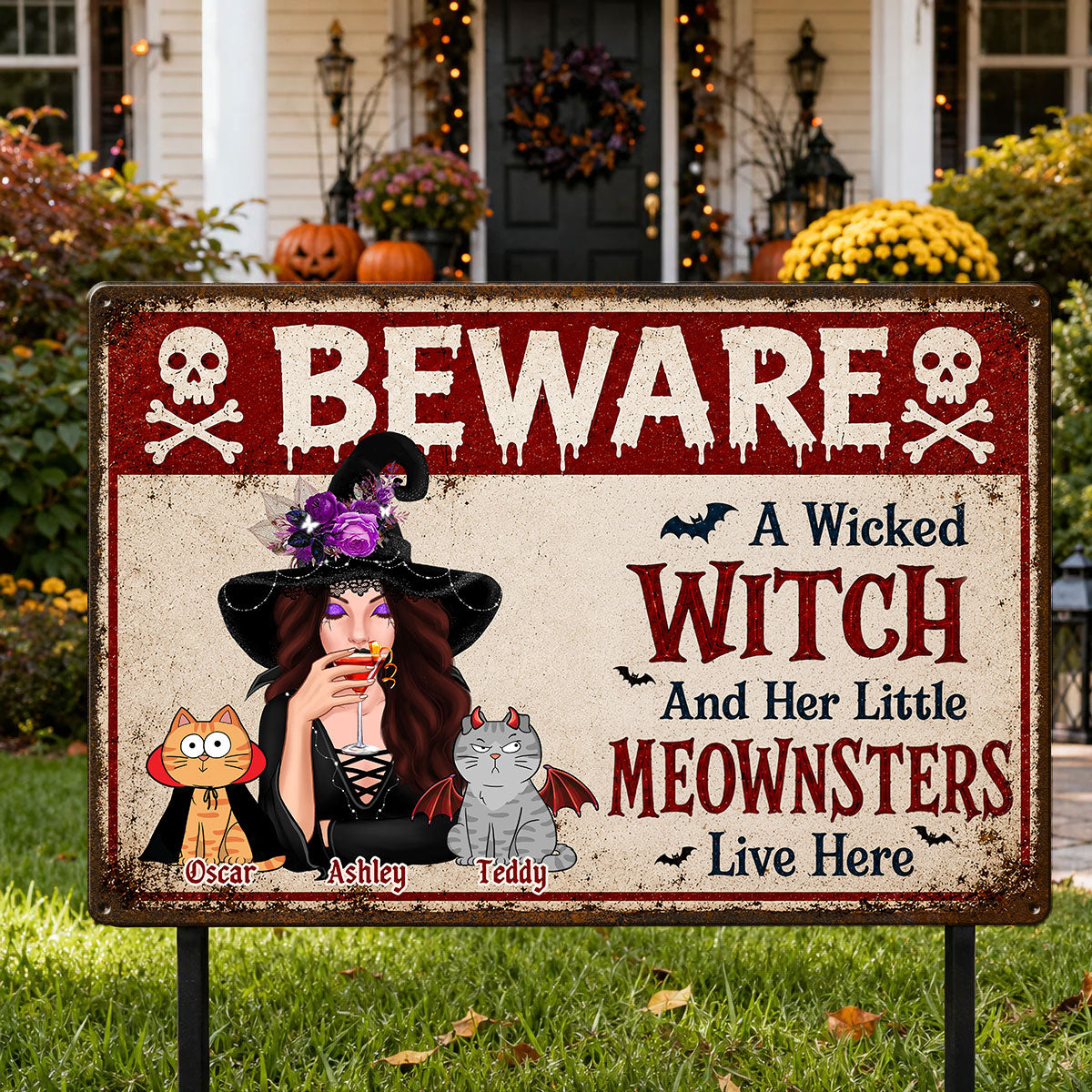 Beware A Wicked Witch And Her Little Meownsters - Personalized Metal Sign - Halloween Decor Gift, Gift For Cat Lovers