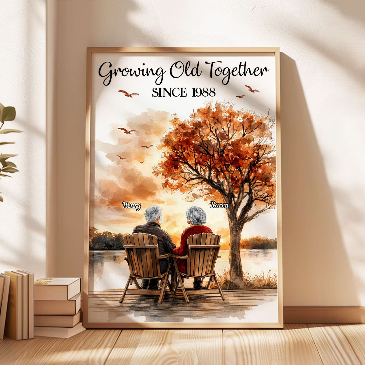 Romantic Old Couple At Park Bench - Personalized Poster - Anniversary, Valentine's Day Gift, Gift For Her, Gift For Him