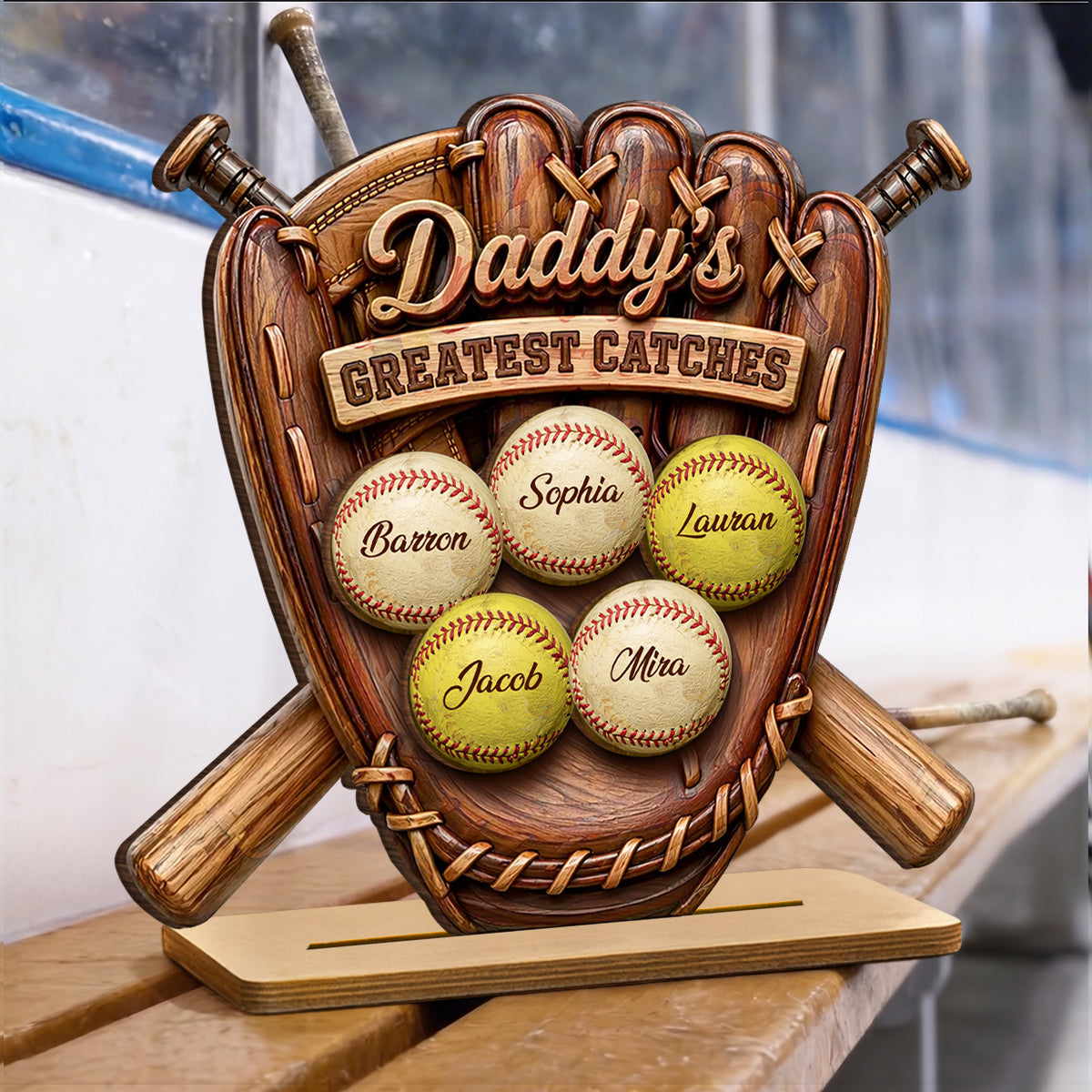 Daddy's Greatest Catches Baseball Softball - Personalized 2-Layered Wooden Plaque -  Gift for Husband, Dad