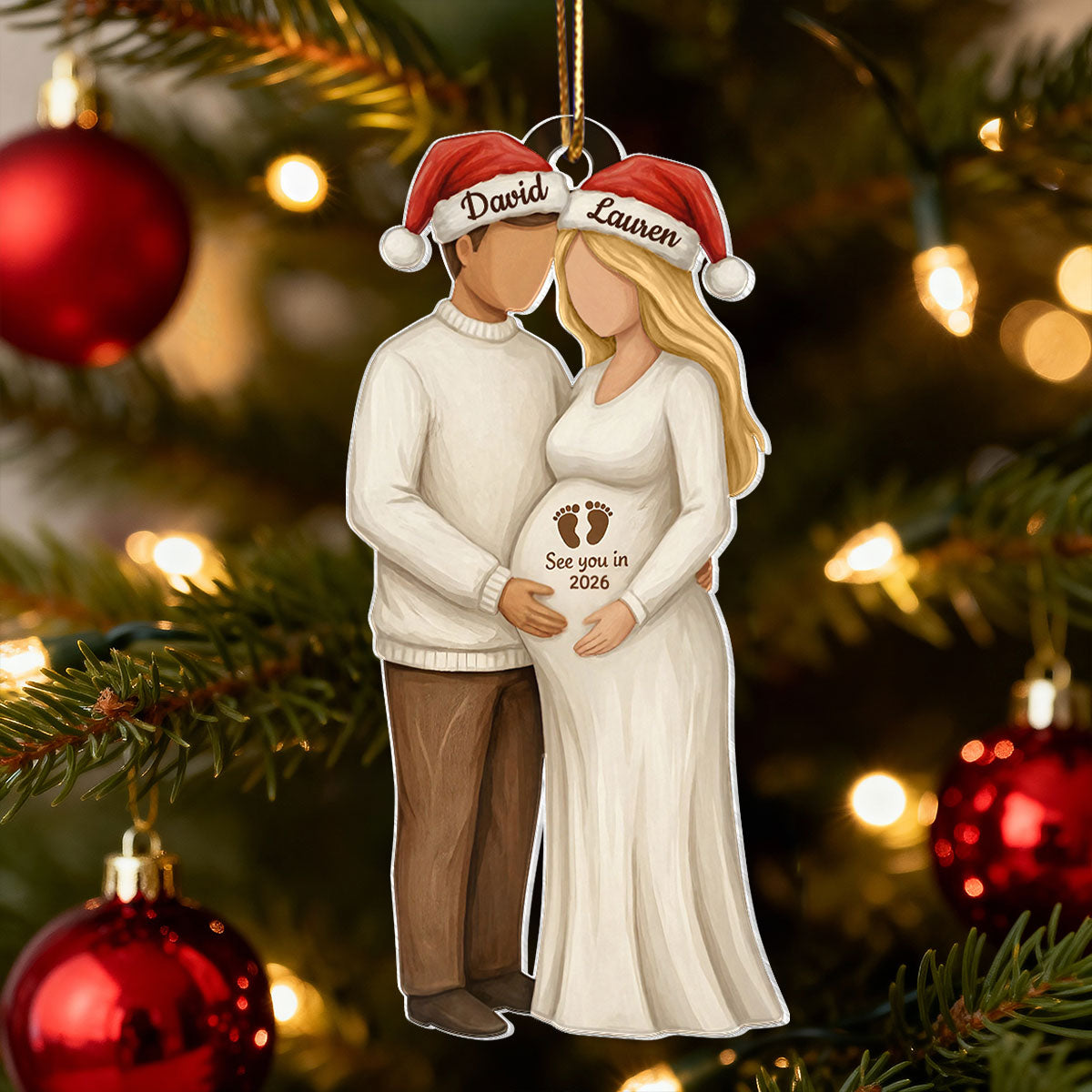 3D Effect Wooden Pregnancy Announcement - Personalized Acrylic Ornament - Heartwarming Christmas Gift For Couple, Family