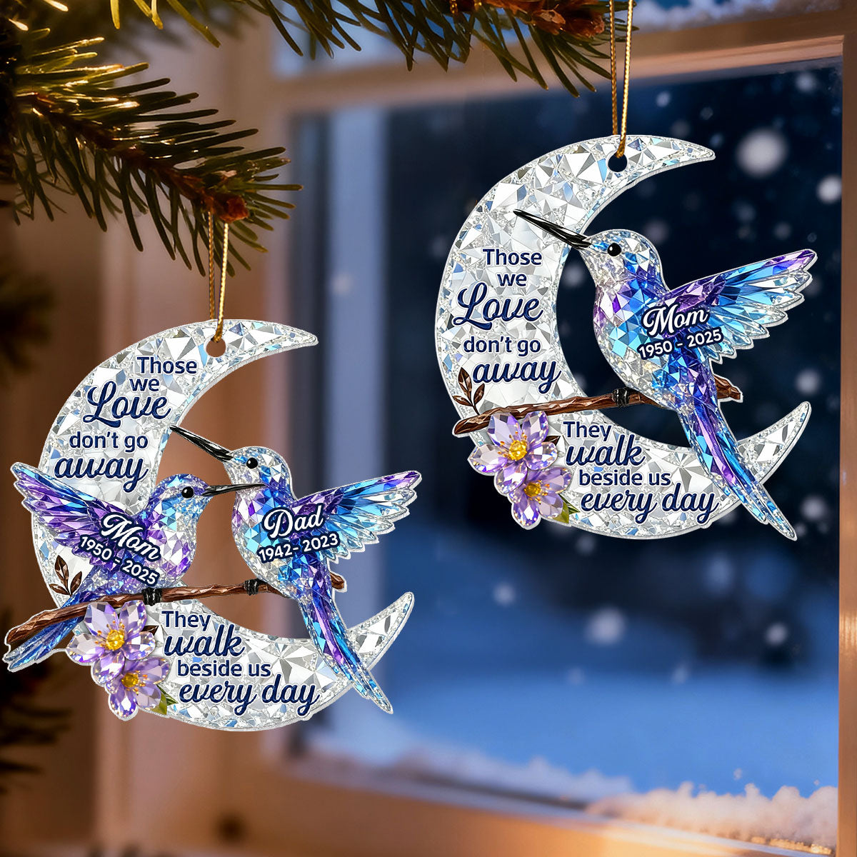 3D Effect Flat Christmas Hummingbird Moon Memorial - Personalized Acrylic Ornament - Remembrance Gift, Sympathy Gift