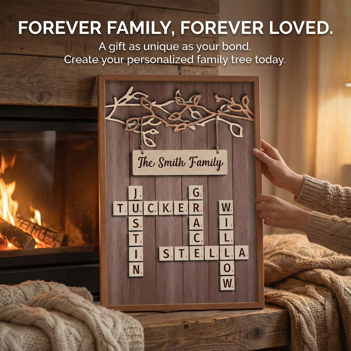 Rustic Vintage Family Forever Linked Together Crossword Puzzle Art - Personalized Poster - Heartfelt Gift For Family