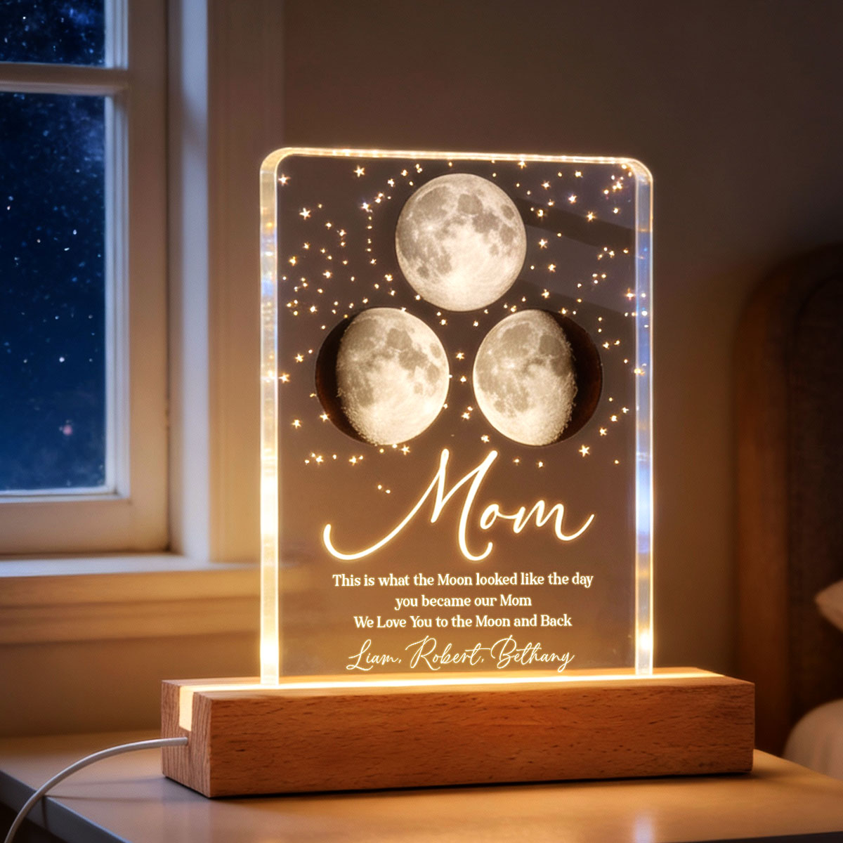 Mom I Love You to the Moon and Back, Custom Moon Phase by Date - Personalized Acrylic Block LED Night Light - Heartfelt Gift for Mom