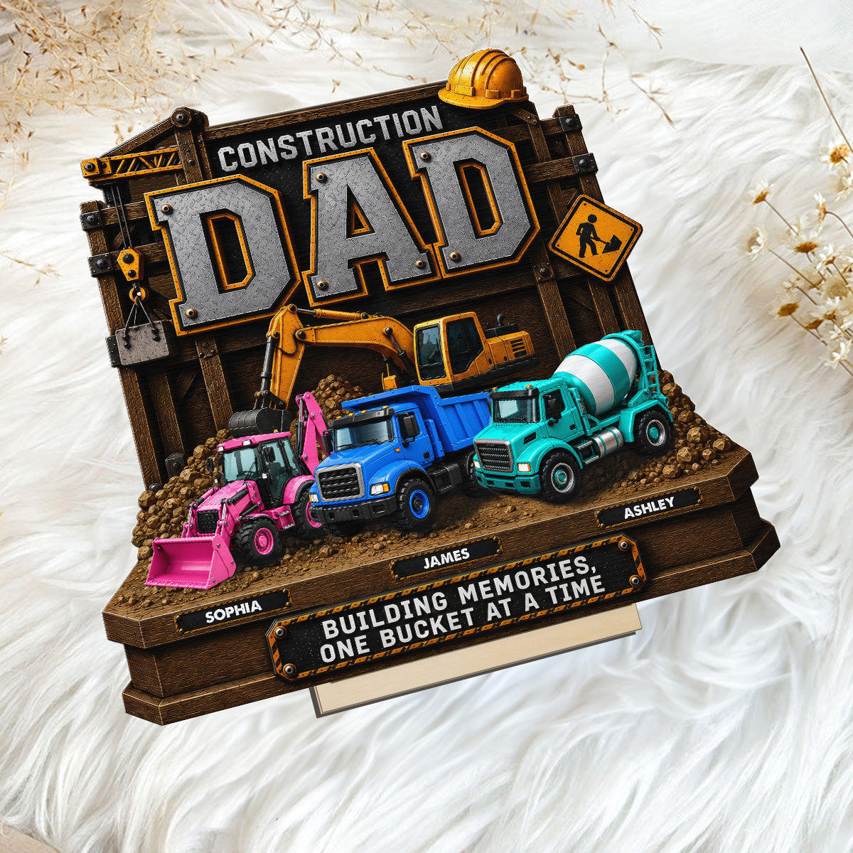 Construction Dad with Kids Names 2D Flat - Personalized Wooden Plaque