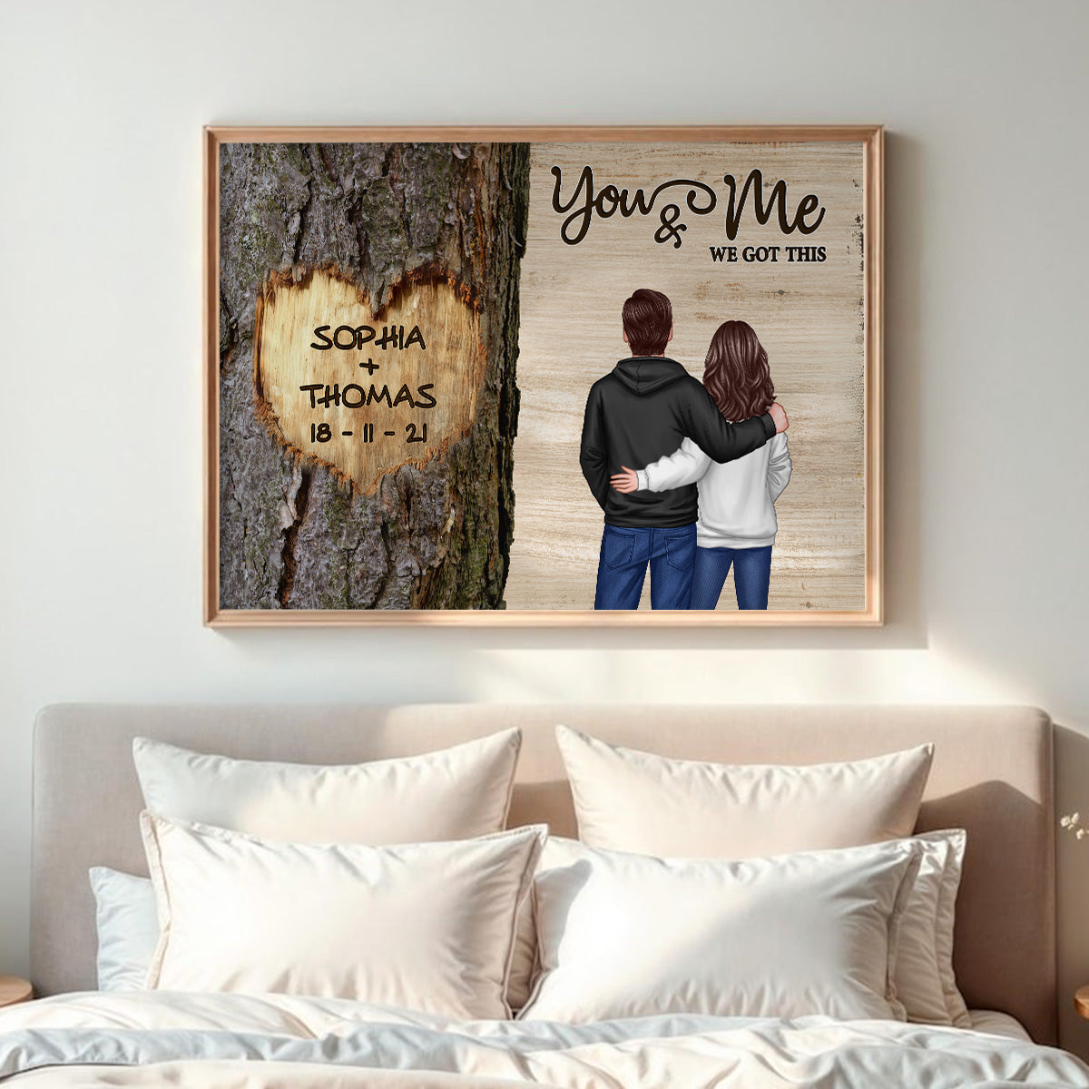 Couple Standing Side By Side Back View Heart Carved Tree - Personalized Poster - Anniversary Gift, Valentine's Gift For Him, For Her