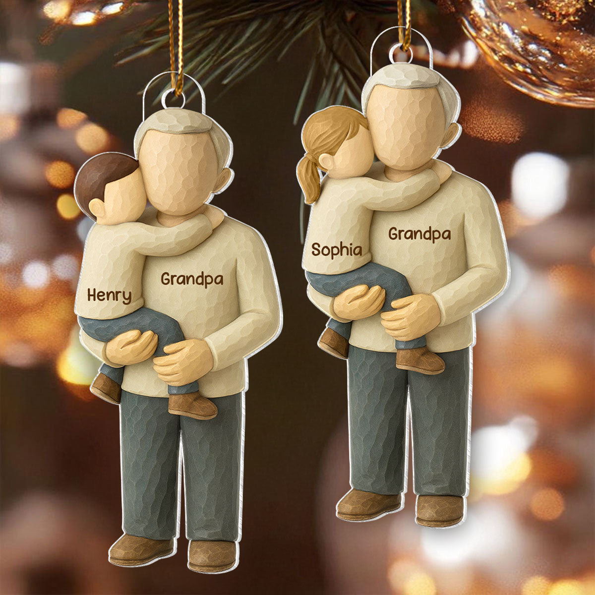 Grandpa Hugging Grandkid - Personalized Acrylic Ornament - Heartwarming Christmas Gift for Grandpa