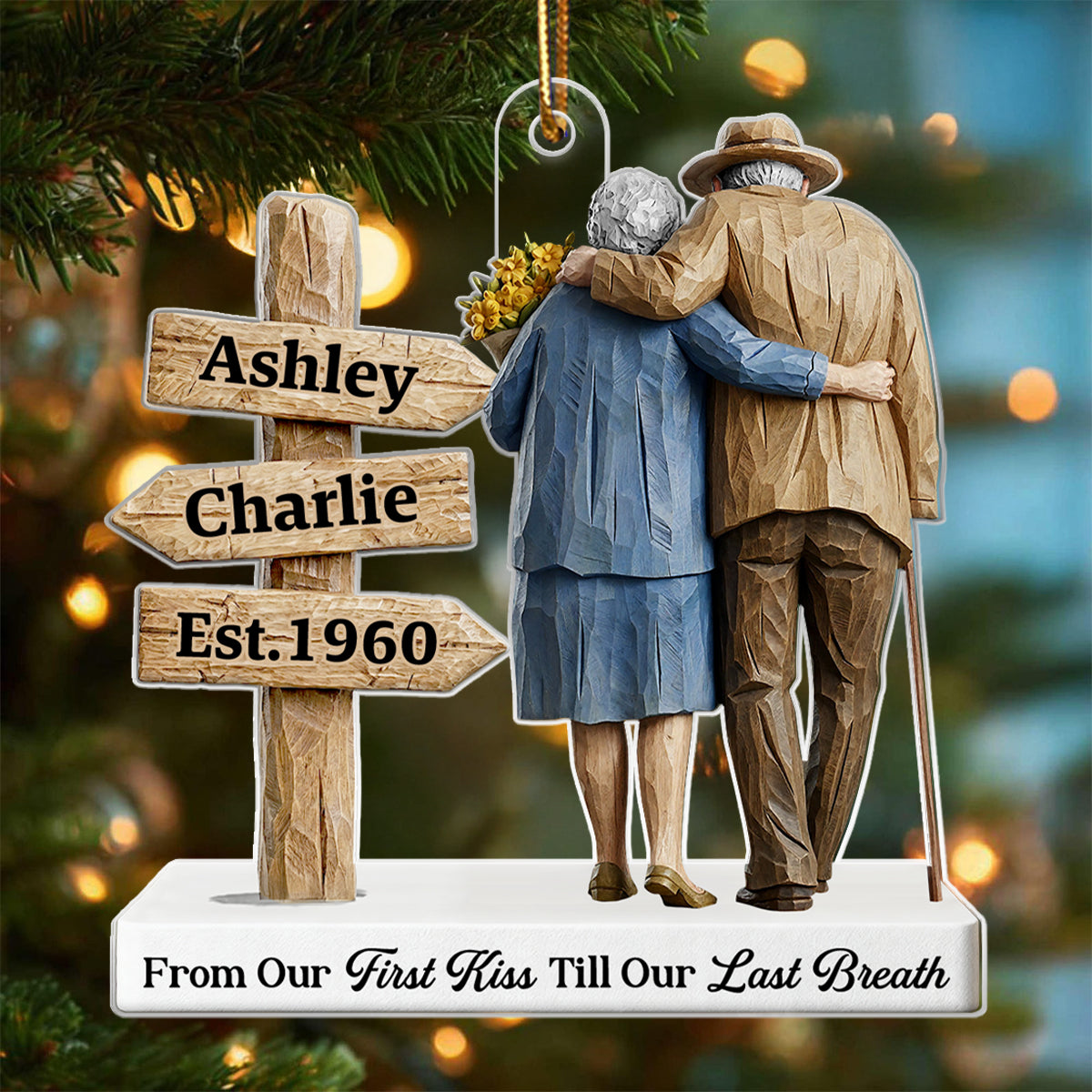 3D Effect Wooden Old Couple Sign Post - Personalized Acrylic Ornament - Heartwarming Christmas Gift For Him, For Her, For Couple