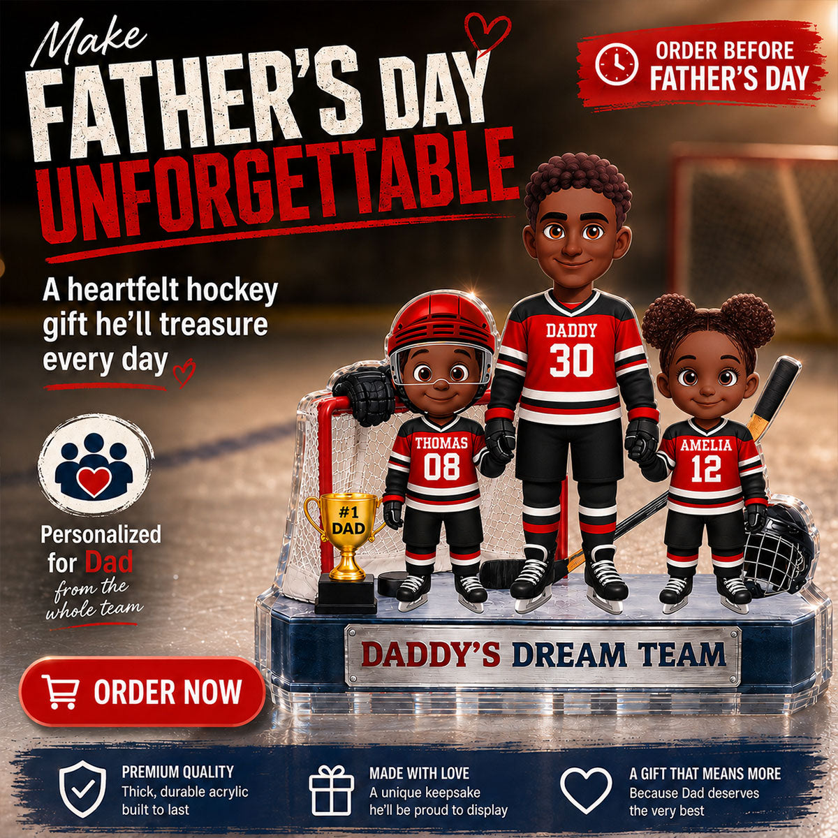 Daddy's Dream Team Hockey Dad & Kids - Personalized Acrylic Block Plaque -  Gift For Dad, Husband
