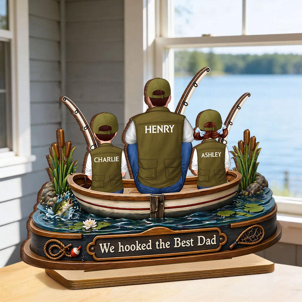 Dad And Kids Fishing Boat - Personalized 2-Layered Wooden Plaque - Heartfelt Gift For Fishing Dad, Gift For Husband