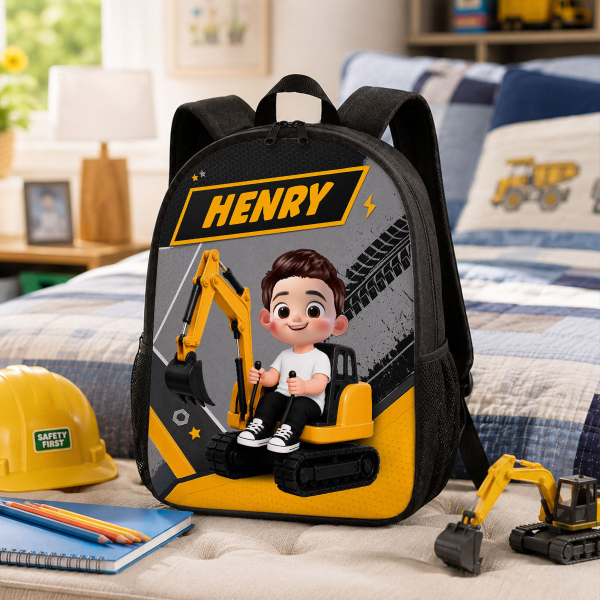 Cute Kid Ride Excavator - Personalized Backpack - Back To School Gift For Kids, Grandkids