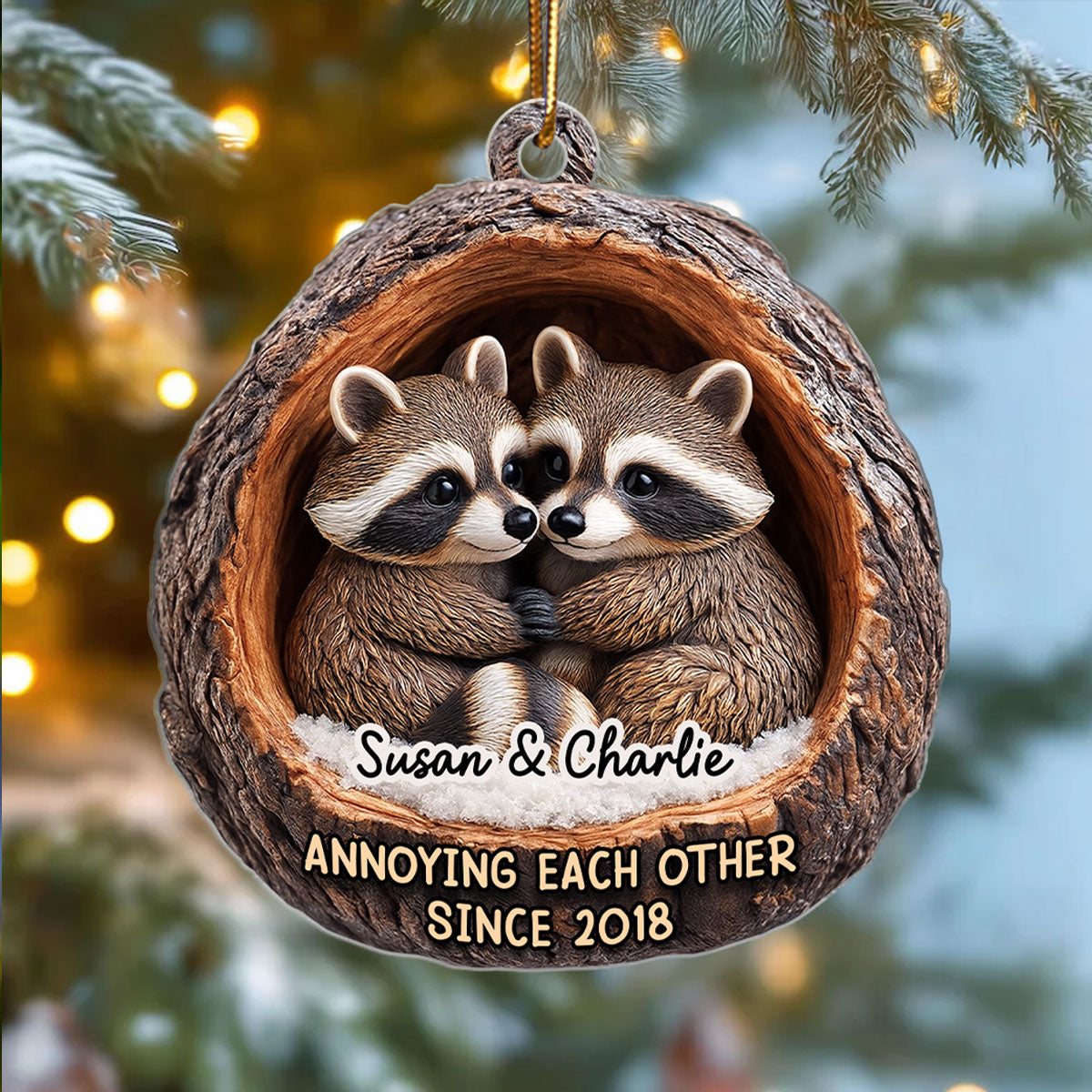 Funny Raccoon Couple Annoying Each Other 3D Wooden Effect - Personalized Acrylic Ornament - Christmas Gift for her, Gift for him