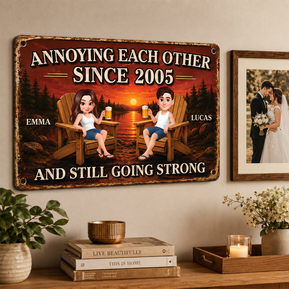 Couple Annoying Each Other Sunset Lake View - Personalized Metal Sign - Anniversary Gift For Couple
