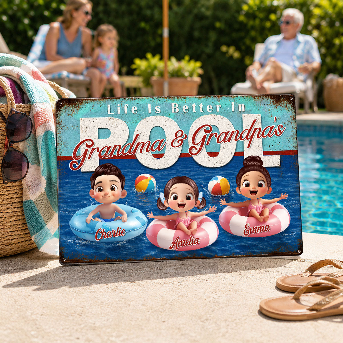 Life is Better in Grandma Grandpa's Pool - Personalized Metal Sign - Summer Decor Gift for Grandma, Grandparents