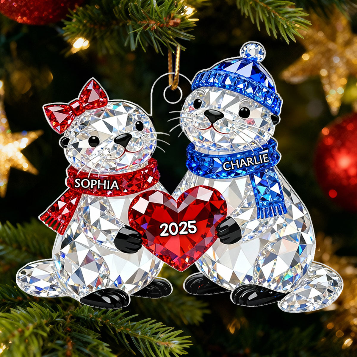 3D Crystal Effect Christmas Otter Couple - Personalized Acrylic Ornament - Heartwarming Christmas Gift for Couple