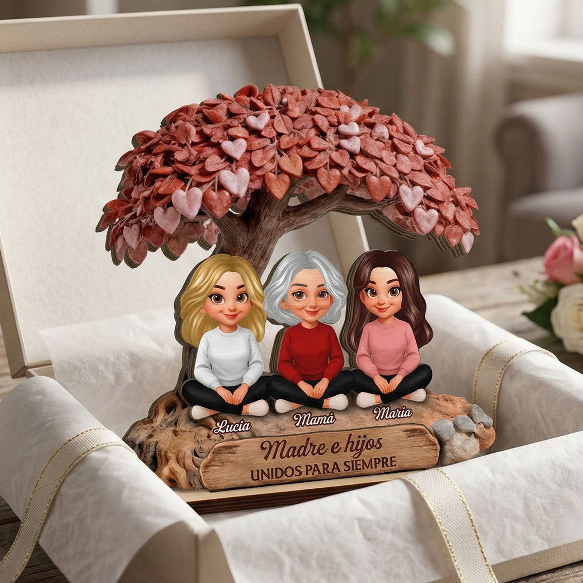 Mamá y Hija Hijo Bajo el Árbol del Corazón - Placa de Madera Personalizada de 2 Capas - Regalo para Mamá