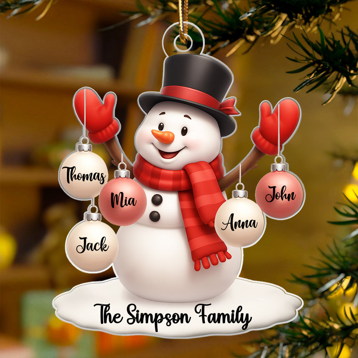 Snowman Family Name Ball Ornaments - Personalized Acrylic Ornament - Christmas Gift for Family