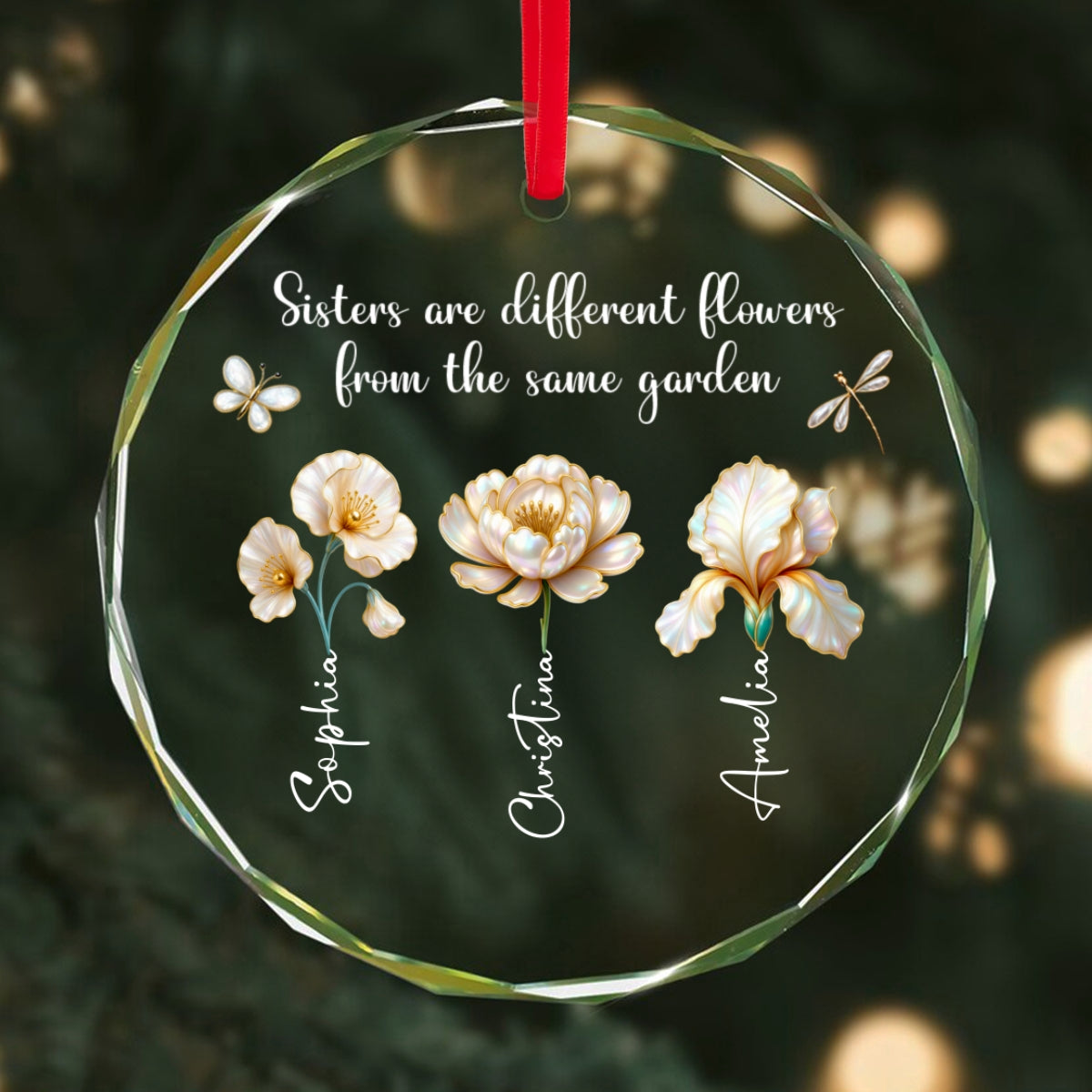 3D Effect Birth Flowers Sisters From The Same Garden - Personalized Glass Ornament - Birthday Christmas Just Because Gift For Sisters, Besties