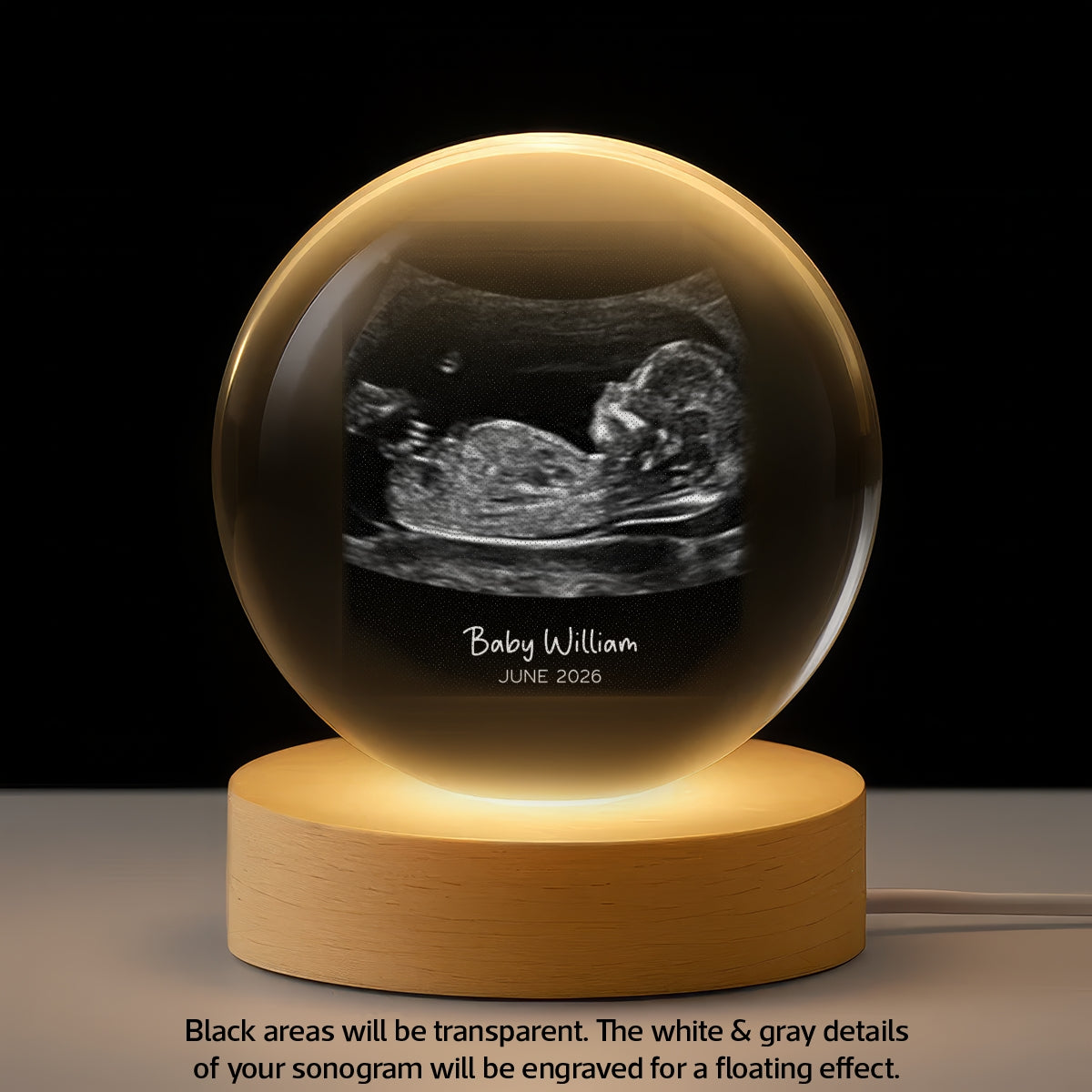 Custom Ultrasound Baby Sonogram - Personalized Crystal Ball LED Night Light - Pregnancy Reveal, Baby Shower Present