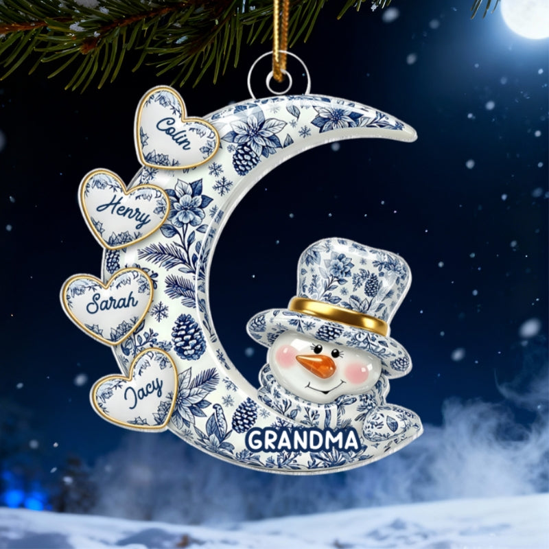 3D Effect Timeless Vintage Toile De Jouy Grandma Snowman Hearts Moon - Personalized Acrylic Ornament - Gift For Grandparents