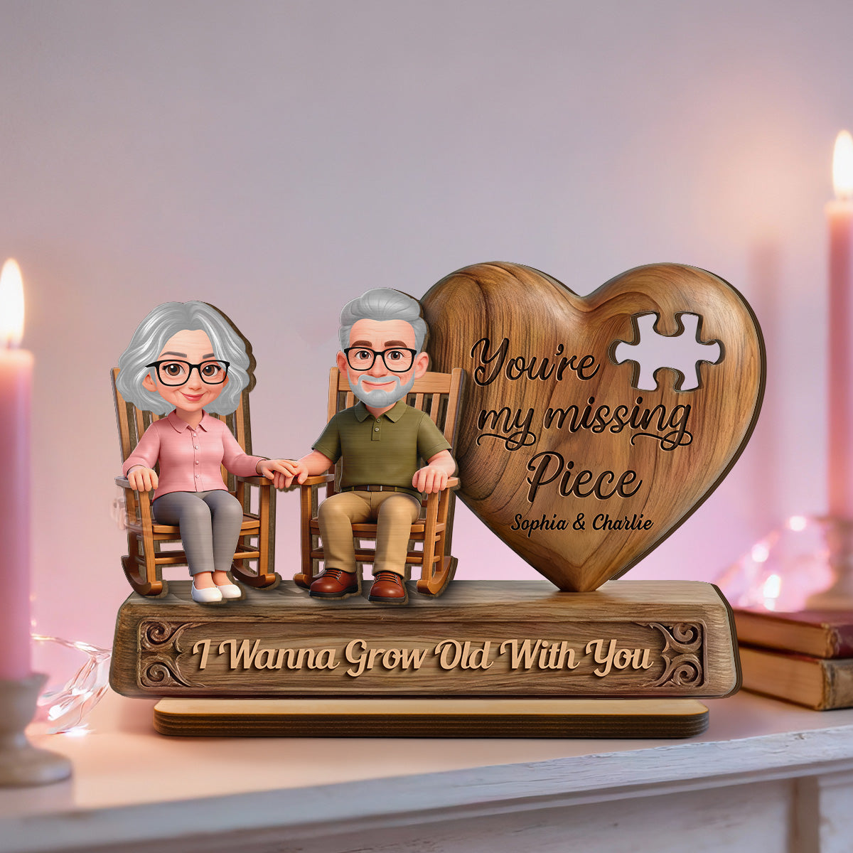 3D Effect Old Couple Sitting On Rocking Chair My Missing Piece - Personalized 2-Layered Wooden Plaque