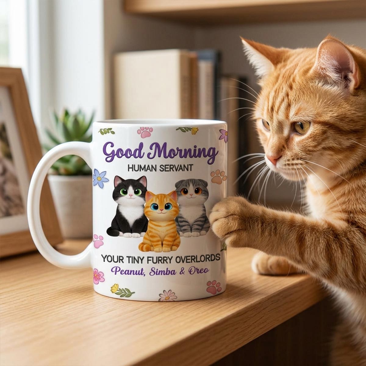 Adorable Cats Happy Mother's Day Human Servant 2D Flat Floral - Personalized Mug - Funny Mother's Day Gift For Cat Mom, Cat Lovers