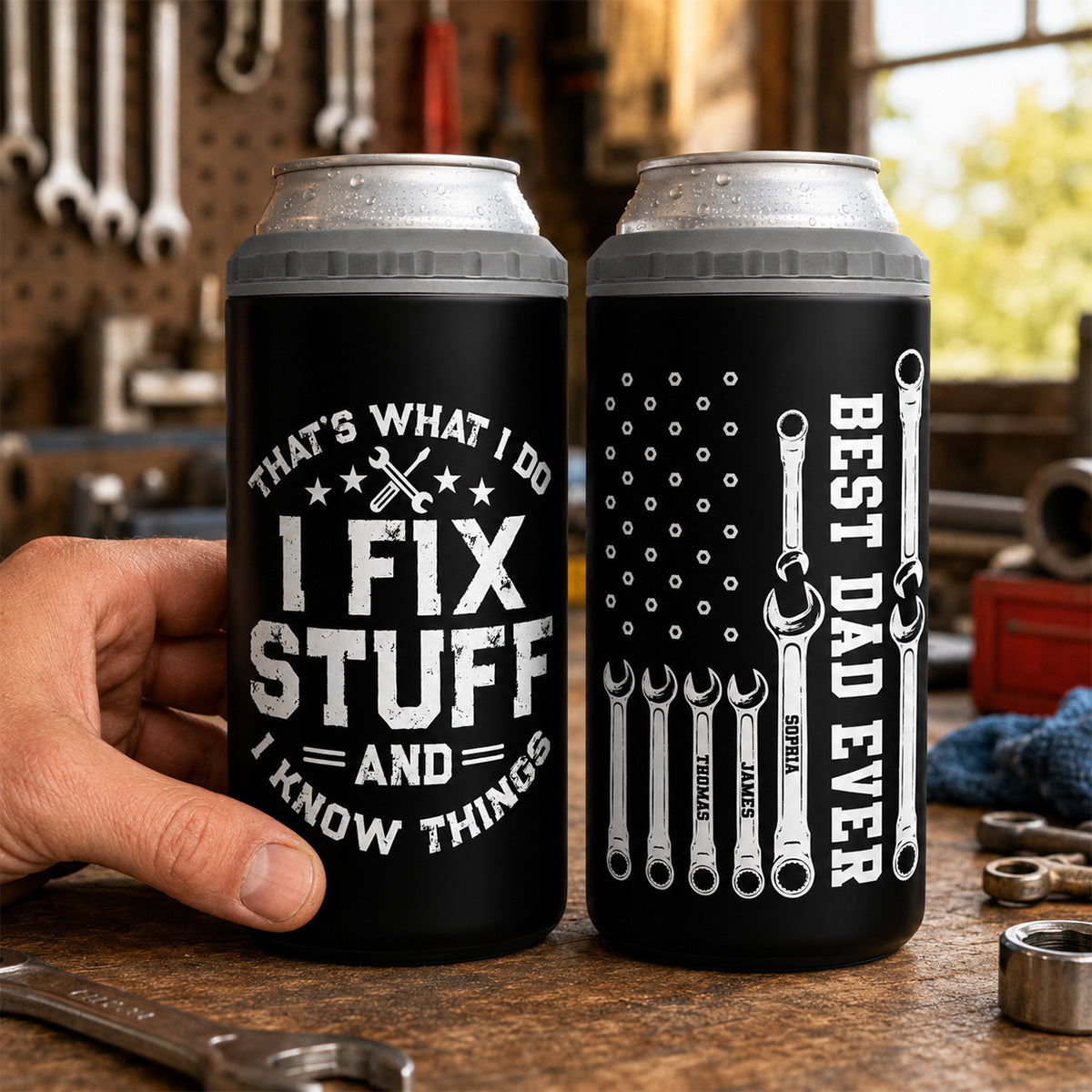 That's What I Do Mechanic Dad - Personalized 4-in-1 Can Cooler - Father's Day Gift For Dad, Grandpa