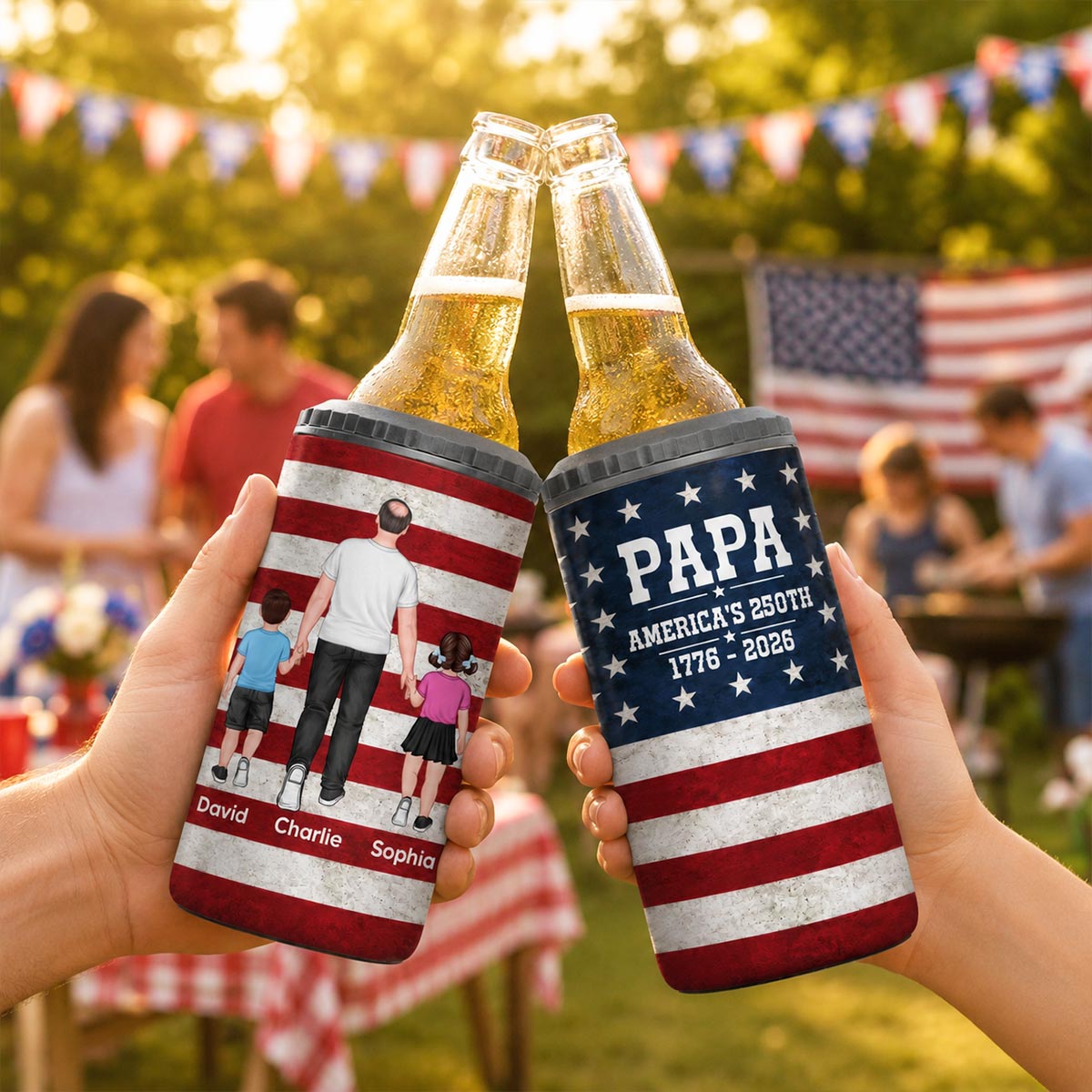 Proud American Dad Grandpa Walking With Kids - Personalized 4-in-1 Can Cooler - 4th Of July, American 250th Anniversary Gift For Patriotic Dad, Grandpa
