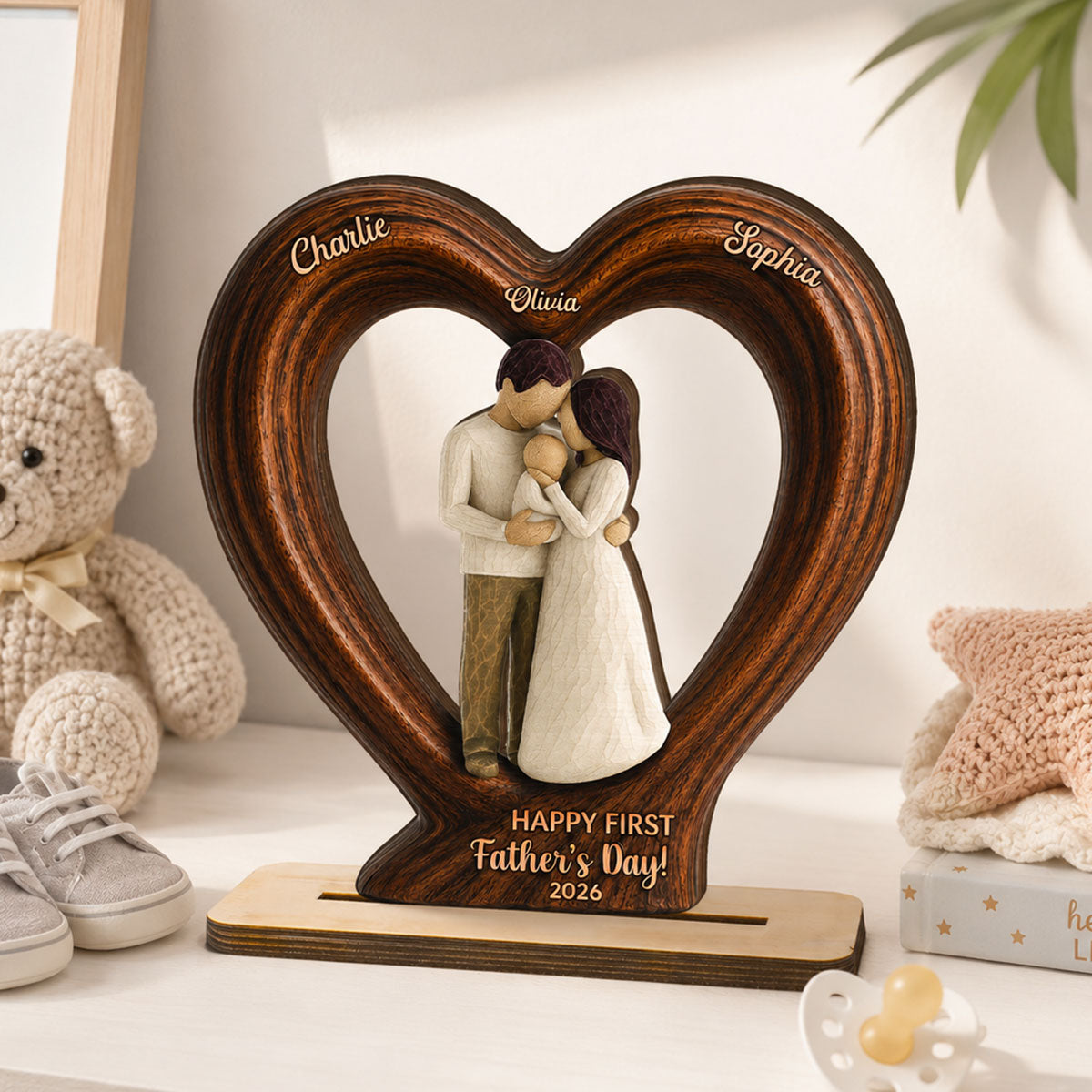 Happy First  Dad From Mom And Baby 2D Flat Heart - Personalized 2-Layered Wooden Plaque - Heartfelt  Gift For Husband, New Dad
