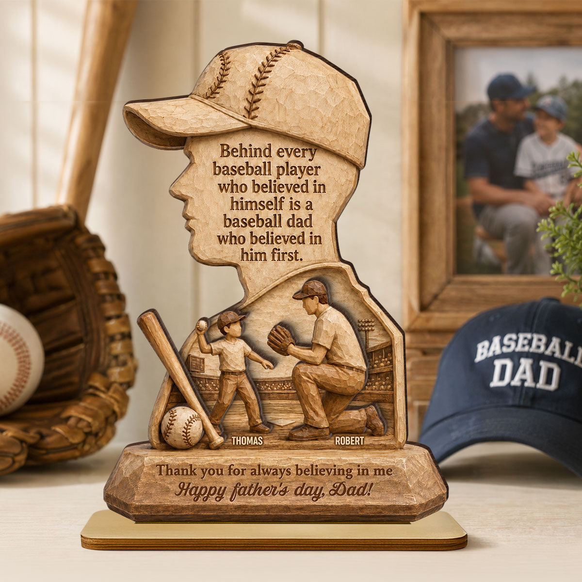 Behind Every Baseball Player is a Baseball Dad - Personalized 2-Layered Wooden Plaque -  Gift for Dad, Husband