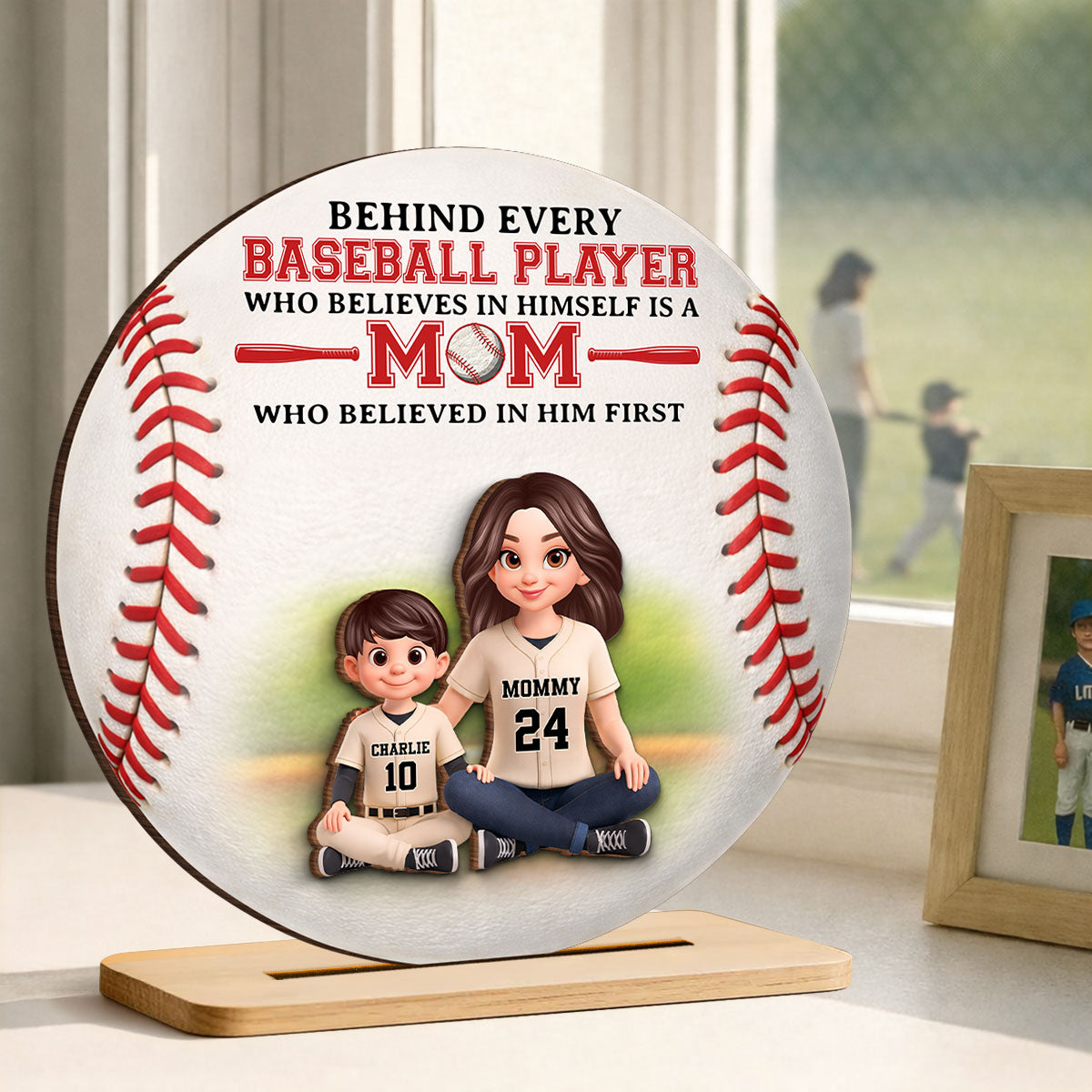 Behind Every Baseball Player Is Mom - Personalized 2-Layered Wooden Plaque - Heartfelt Gift For Mom, Grandma