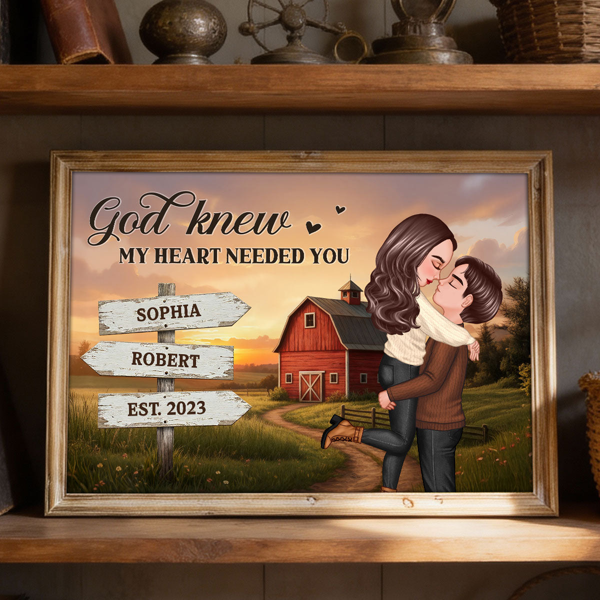 Rustic Nostalgia Red Barn House Sign Posts Couple Hugging Kissing Farmhouse Decor - Personalized Poster - Heartfelt Valentine, Anniversary Gift For Him, For Her