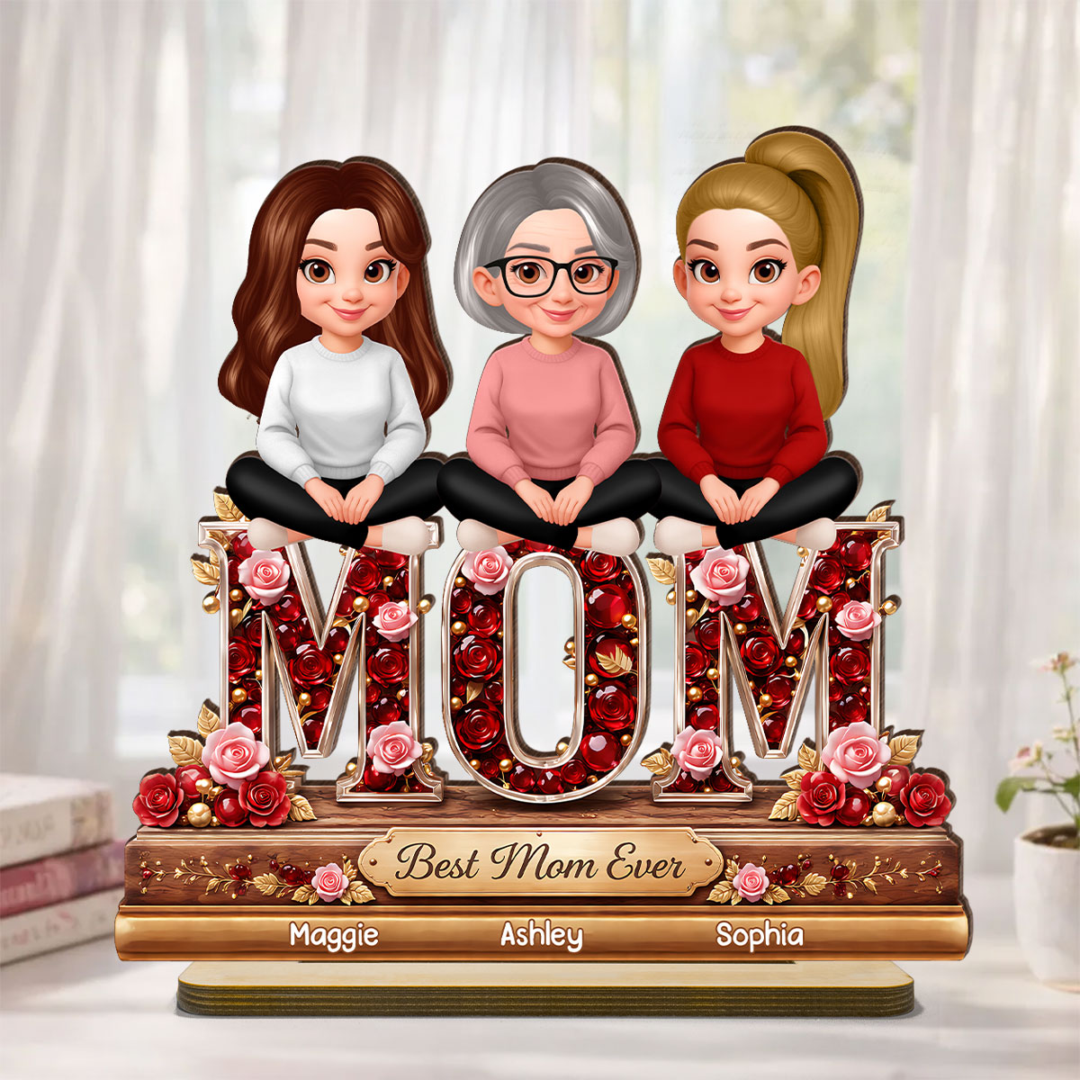 Mom Daughters Sons Sitting Best Mom Ever - Personalized 2-Layered Wooden Plaque - Heartfelt Gift For Mom, Grandma