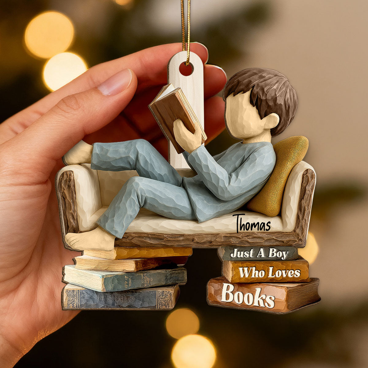 Book Lover Reading Book On Sofa 3D Effect - Personalized Wooden Ornament - Christmas Gift For Book Lover, Bookworm