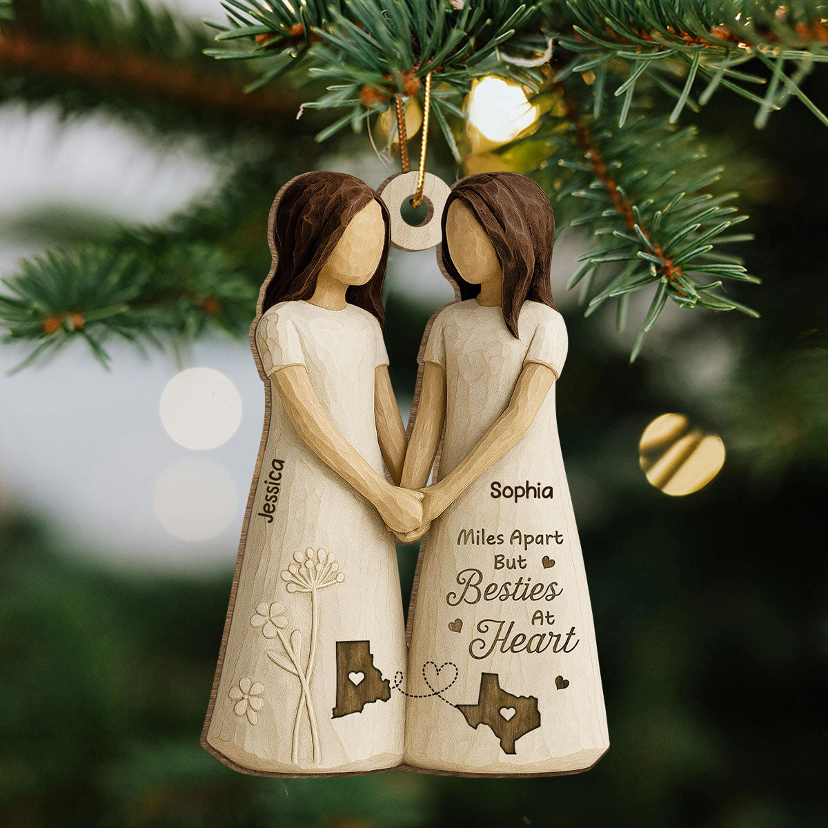 Miles Apart Besties At Heart 3D Effect - Personalized Wooden Ornament - Christmas Gift, Birthday Gift, Long Distance Friendship Gift for Best Friends