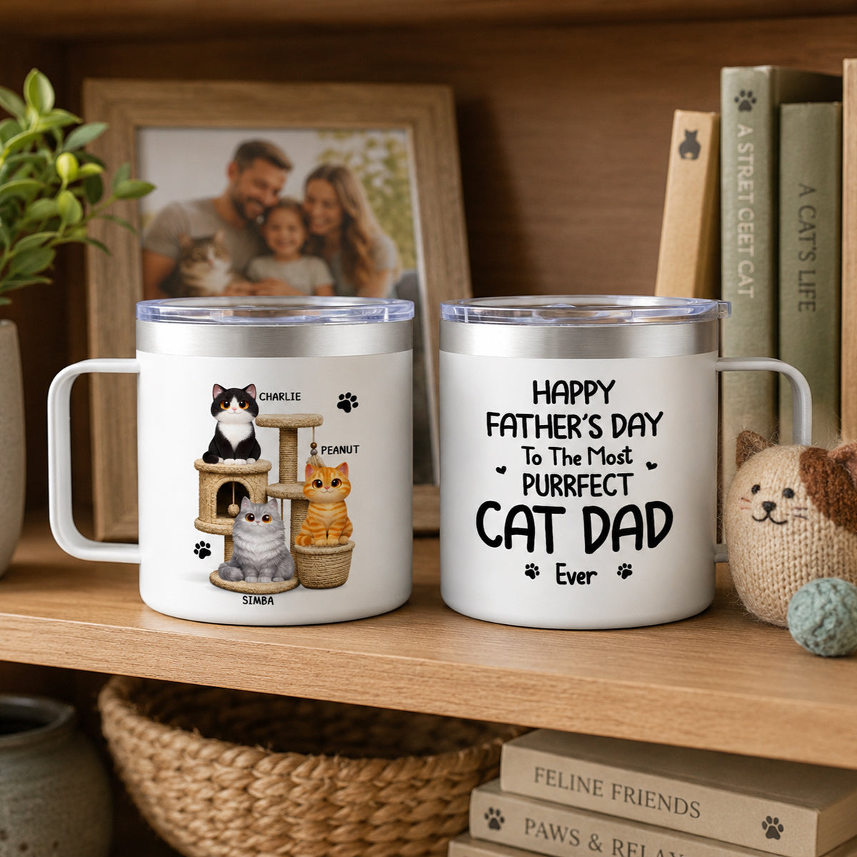 Happy Father's Day To The Most Purrfect Cat Dad Cute Cats On Cat Tree - Personalized Stainless Steel Tumbler With Handle - Father's Day Gift For Cat Dad