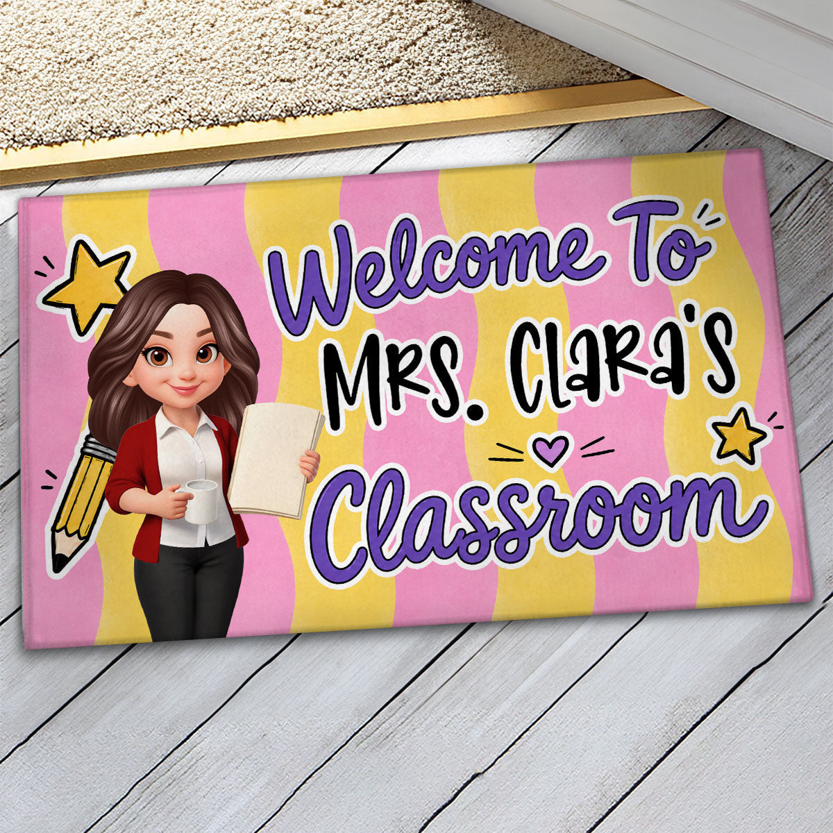 Striped Teacher Welcome To Classroom - Personalized Doormat - Back To School Gift, Classroom Decoration