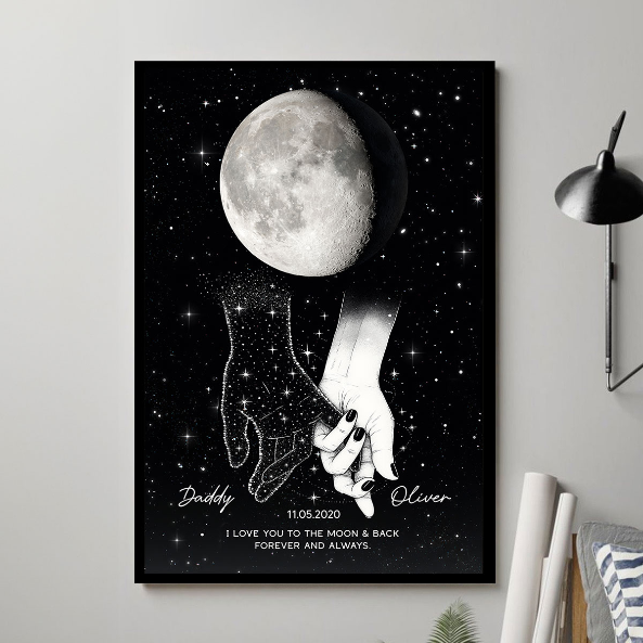 Lost Loved One Holding Hands Moon Phase Galaxy Art Memorial Sympathy Gift Personalized Poster